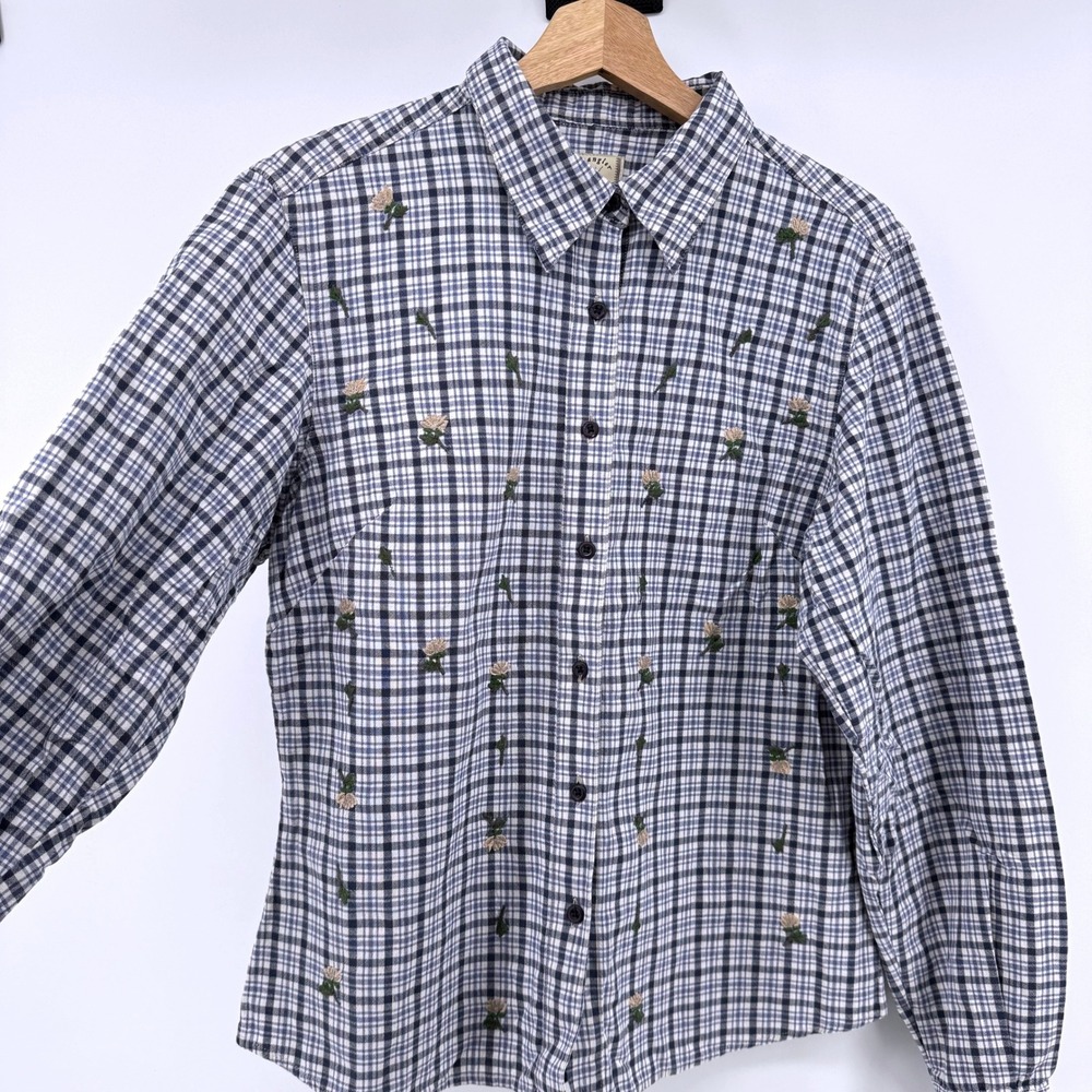 Wrangler Button Down Shirt Womens Navy White Plaid Floral Embroidered Western - Picture 2 of 7